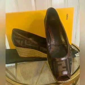 FENDI Brown Monogram ZUCCA RAFFIA ZEPPA WEDGES Open Toe ESPADRILLES Shoes, 36.5